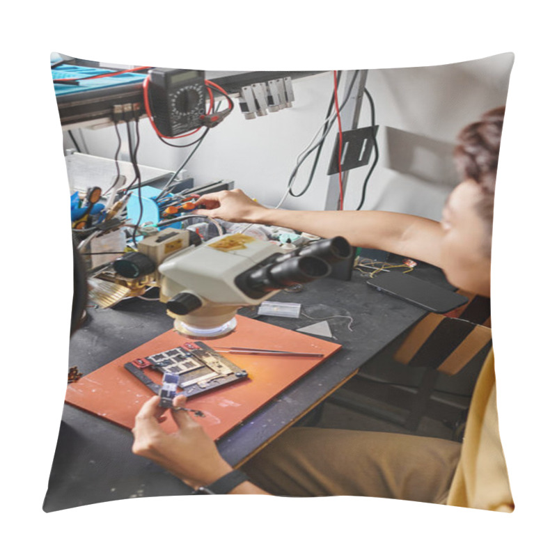 Personality  Blurred Man Assembling Micro Schemes Of Electronic Device Near Professional Equipment In Workshop Pillow Covers