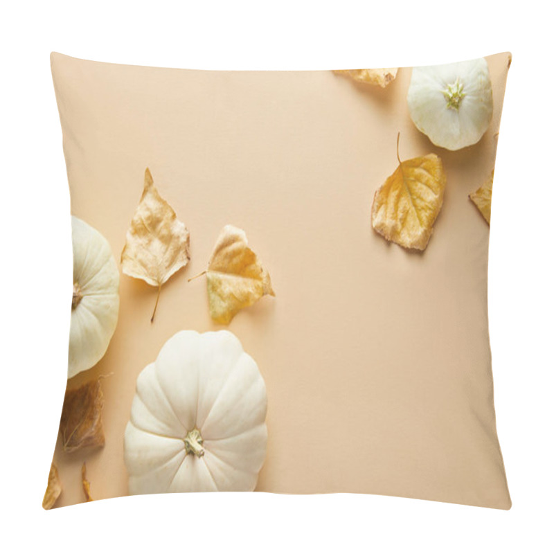 Personality  Top View Of Ripe Whole White Pumpkins With Dry Golden Foliage On Beige Background Pillow Covers