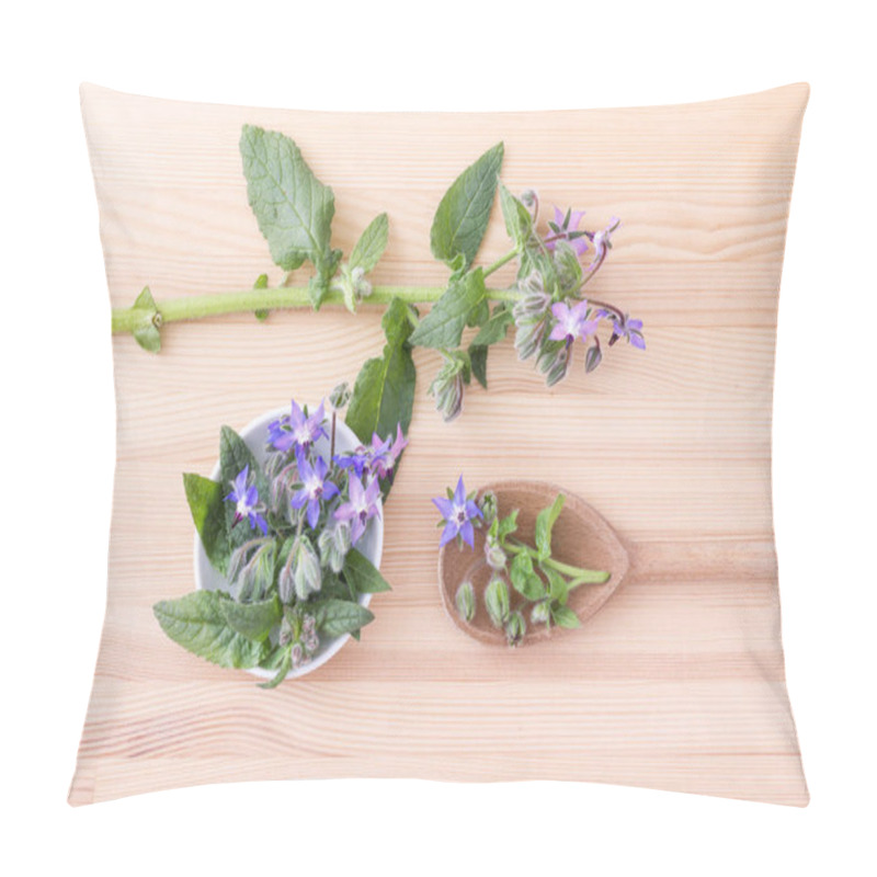 Personality  Bee Bread / Top View Of Bowl And Wooden Spoon With Borage On A Wooden Background Pillow Covers