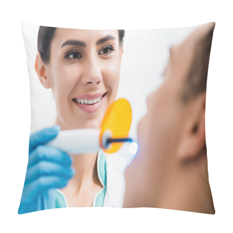 Personality  Selective Focus Of Female Dentist Making Bleaching Procedure To African American Patient  Pillow Covers