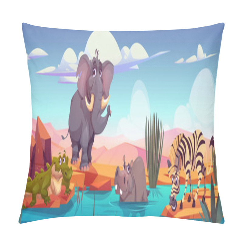 Personality  Elephant, Zebra, Crocodile And Hippo On River Shore In African Savannah. Vector Cartoon Illustration Of Savanna Landscape With Sand, Plants, Waterhole And Wild Animals Pillow Covers