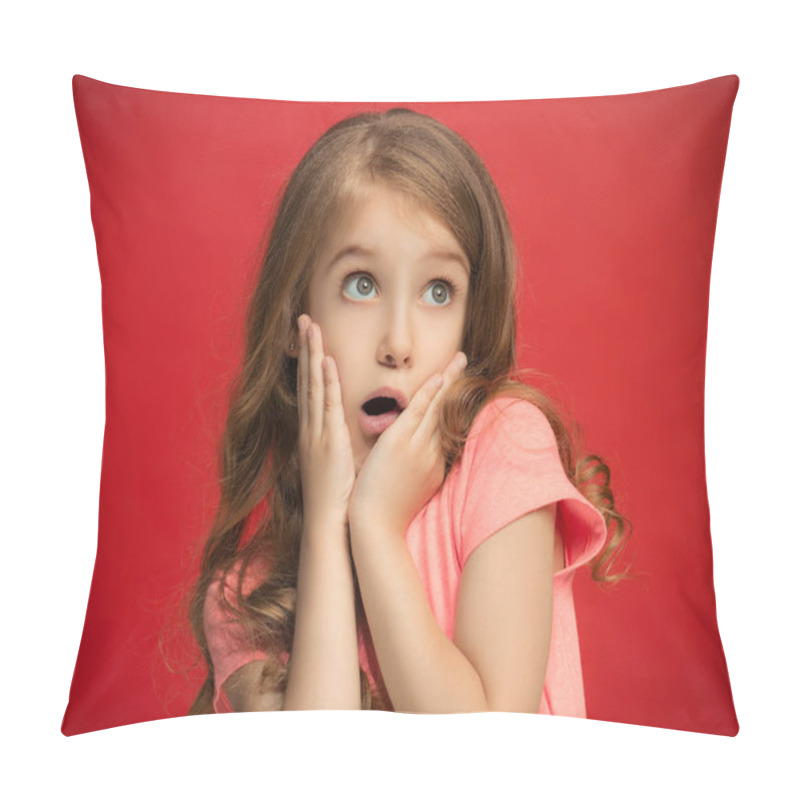 Personality  Beautiful Teen Girl Looking Suprised Isolated On Red Pillow Covers