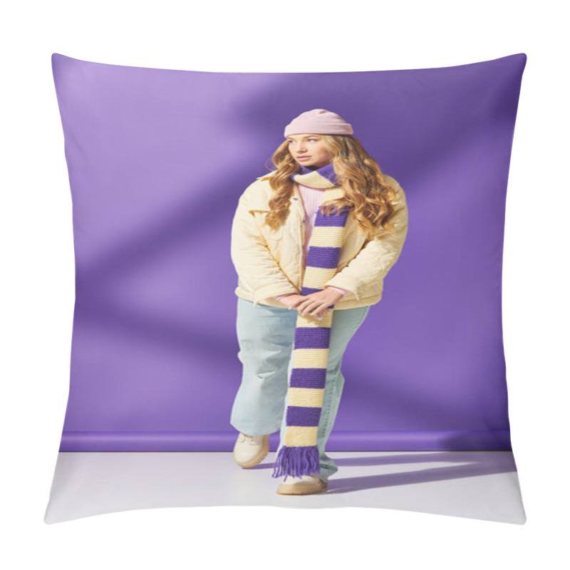 Personality  A Stylish Young Woman In A Vibrant Outfit Enjoys A Moment Of Self Expression In Winter Fashion. Pillow Covers