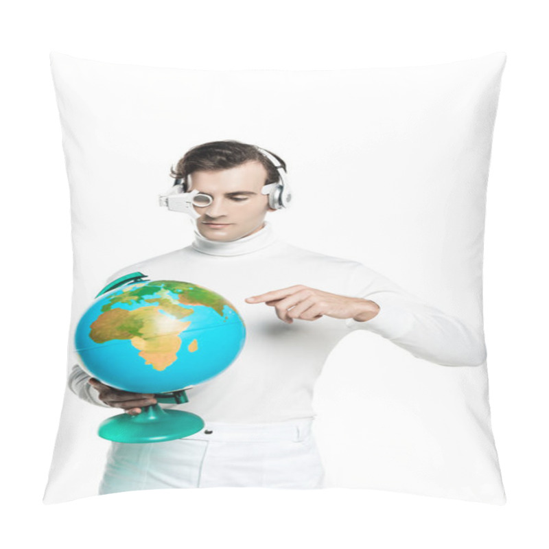 Personality  Cyborg In Headphones And Eye Lens Pointing At Globe Isolated On White Pillow Covers