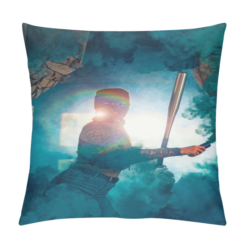 Personality  Dangerous Girl With Bat And Balaclava On A Abandoned Factory Using A Smoke Grenade. Pillow Covers