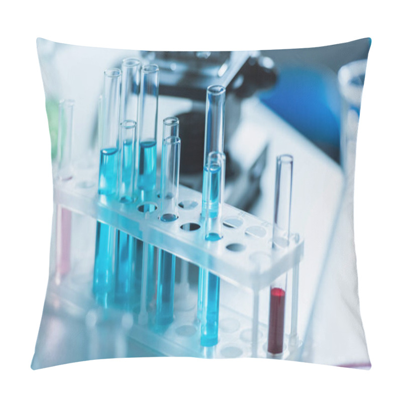 Personality  Test Tubes With Liquid In Chemical Laboratory On Blurred Background Pillow Covers