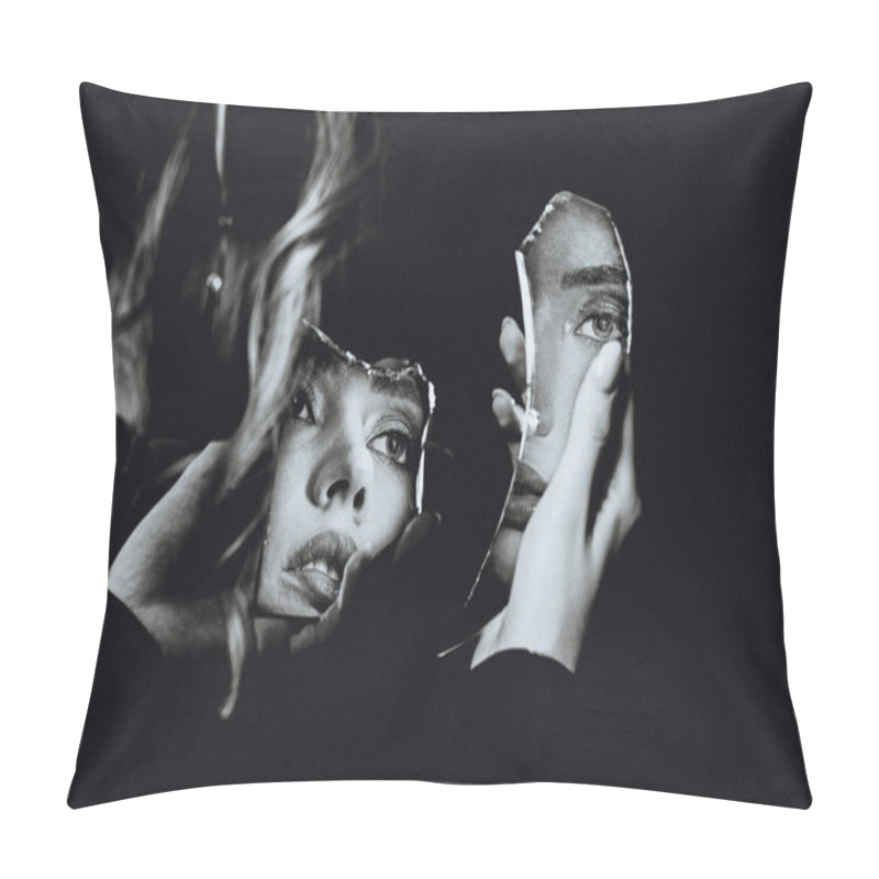 Personality  Lovely Woman Looking At Broken Self-image Mirror, Black And White Retro Portrait Pillow Covers