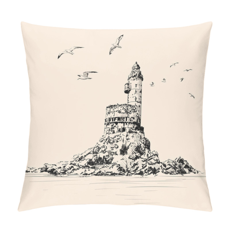 Personality  Lighthouse On The Rocky Seashore. Seagulls Fly Over The Cliff. Hand Drawing On A Beige Background. Pillow Covers