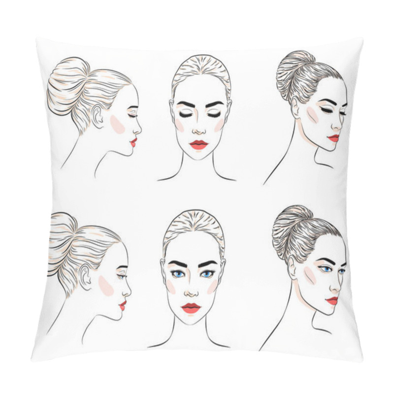 Personality  Set Of Beautiful Woman With Bun Hairstyle And Elegant Makeup Pillow Covers