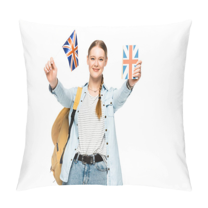 Personality  Smiling Pretty Student With Backpack Showing Book And British Flag Isolated On White Pillow Covers