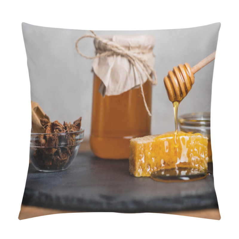 Personality  Honeycomb, Wooden Dipper, Bowl With Anise Seeds And Blurred Jar With Fresh Honey On Slate Board And Grey Background Pillow Covers