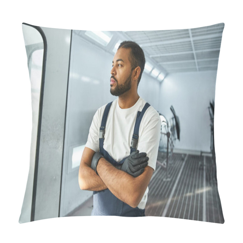 Personality  Handsome Mechanic Stands Confidently, Thoughts Focused On Work In A Sleek Auto Repair Shop. Pillow Covers