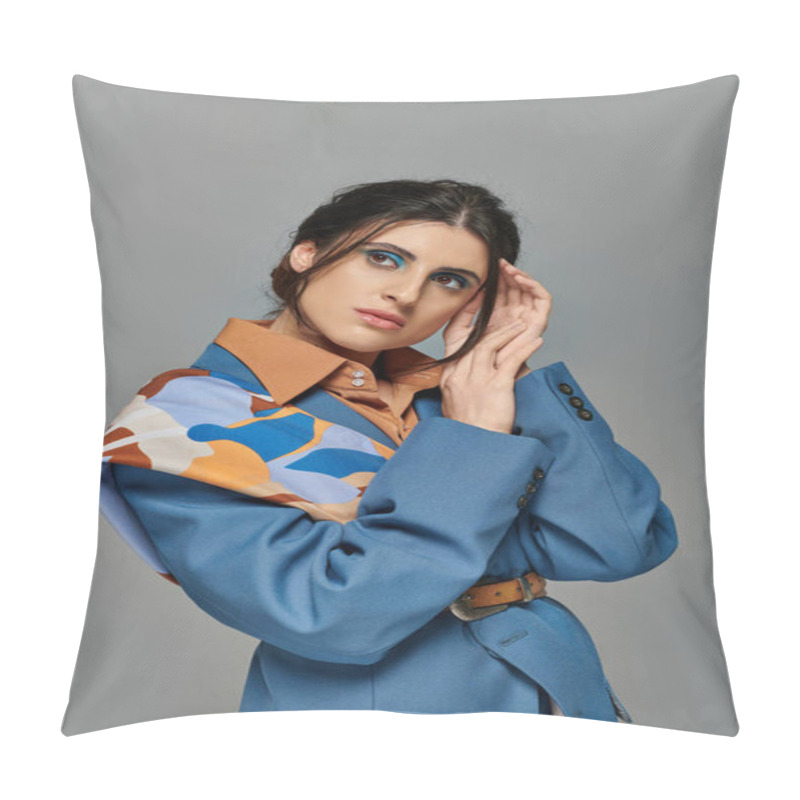 Personality  Portrait Of Pretty Woman With Bold Makeup, Dreamy, Model In Blue Suit, Formal Attire, Grey Backdrop Pillow Covers