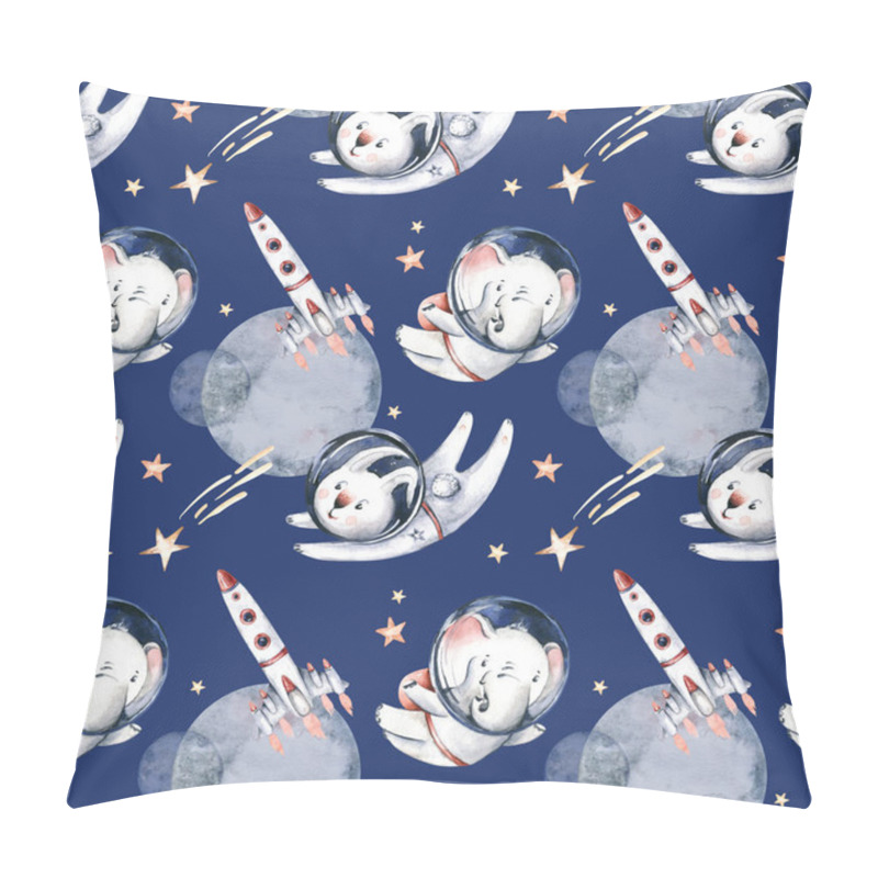 Personality  Astronaut Seamless Pattern. Universe Kids Baby Boy Girl Elephant, Fox Cat And Bunny, Space Suit, Cosmonaut Stars, Planet, Moon, Rocket And Shuttle Watercolor Space Ship Background. Pillow Covers