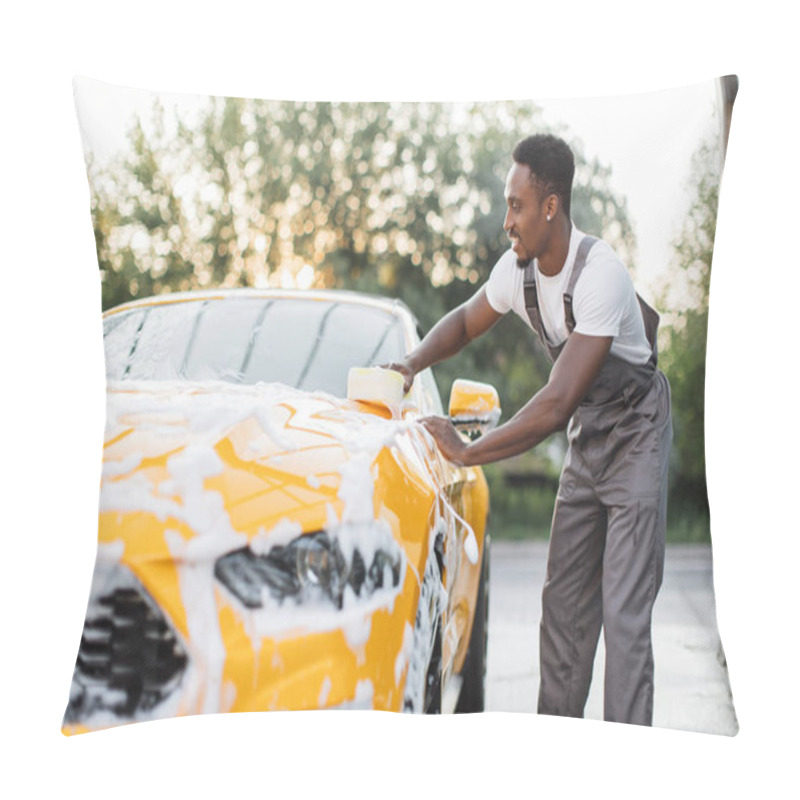 Personality  Horizontal View Of Car Cleaning At Self Wash Service Outdoors. Pillow Covers