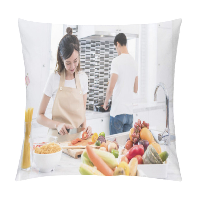 Personality  Asian Lovers In Kitchen. Woman Slice Vegetables And Cooking, Man Making Spaghetti, Couple And Family Concept. Honeymoon And Holidays Theme Pillow Covers