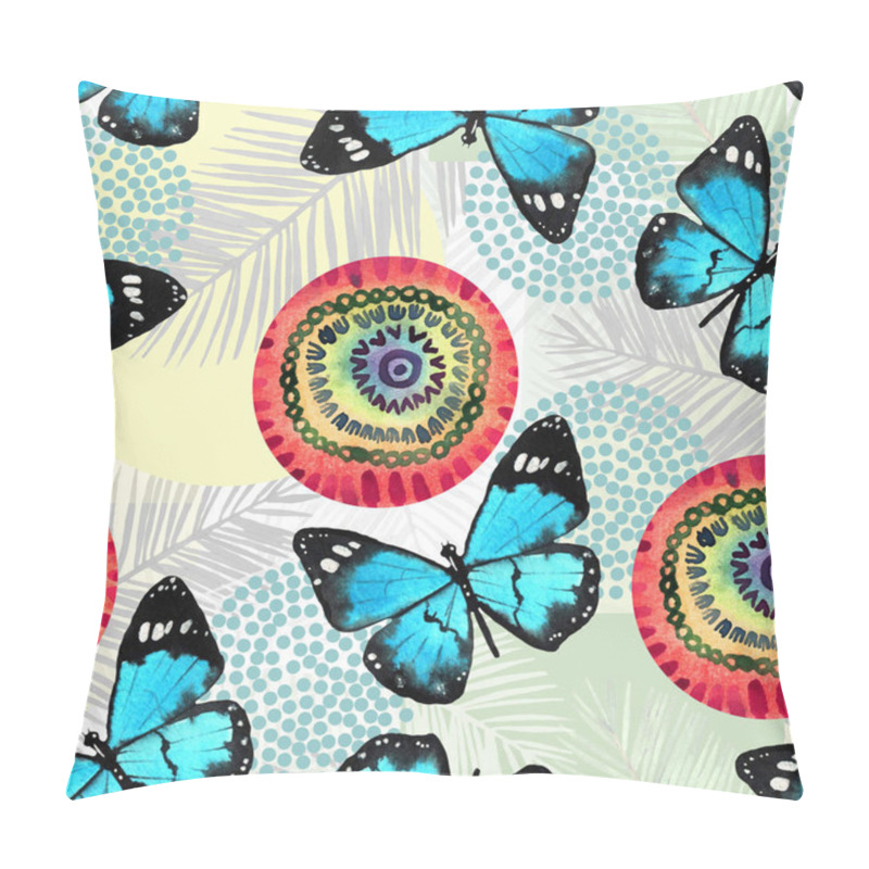 Personality  Watercolor Butterfly And Circle Illustration On Palm Leaves Background. Tropical Background Pillow Covers