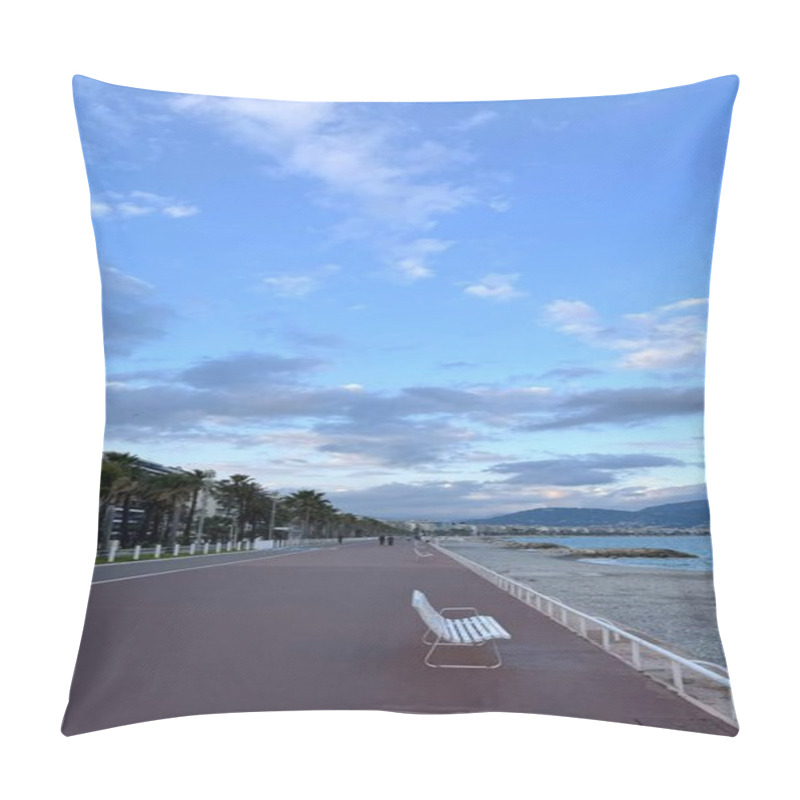 Personality  Peaceful Walk Along The French Promenade In Nice. A Quiet Evening Stroll Along The Promenade Des Anglais In Nice, France, With A White Benches, Palm Trees Along The Road, Picturesque View Of The Pillow Covers