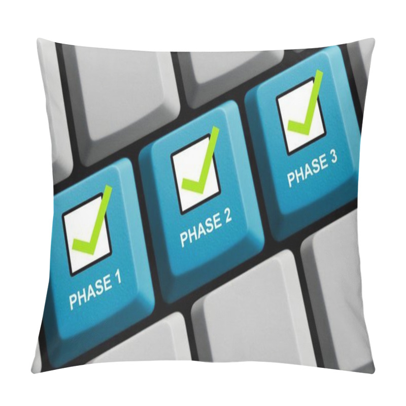 Personality  Business Concept: Phase 1, Phase 2 And Phase 3 Online With Ticks On Blue Computer Keyboard 3d Illustration Pillow Covers