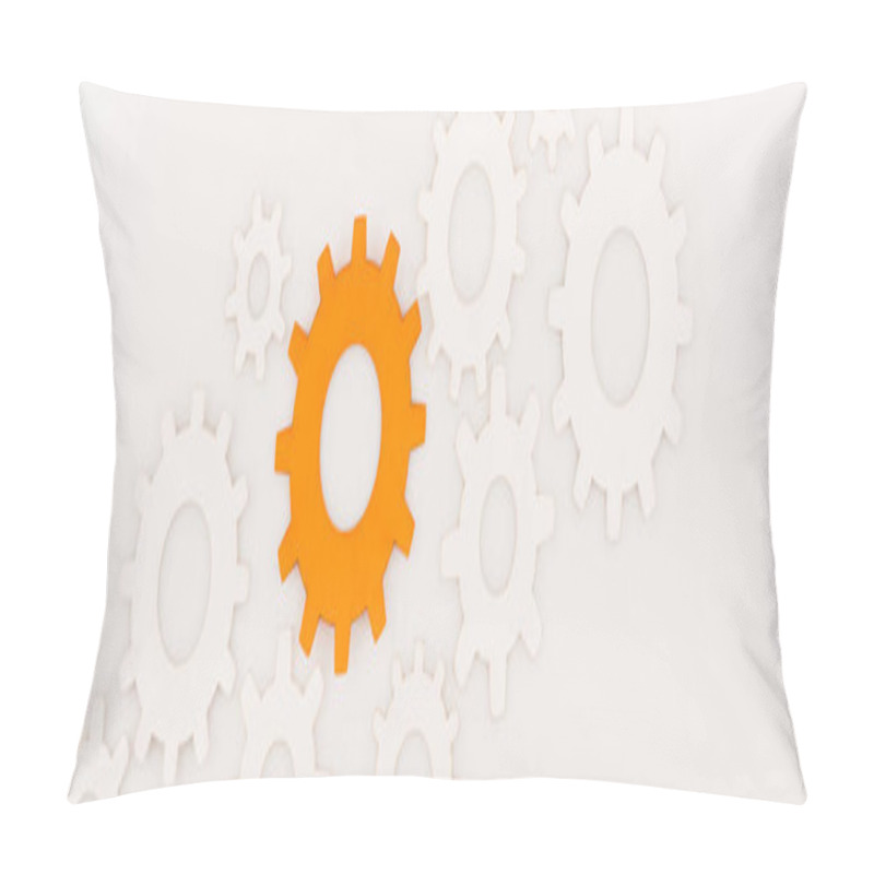 Personality  Top View Of One Orange Gear Among Another Isolated On White, Panoramic Shot Pillow Covers