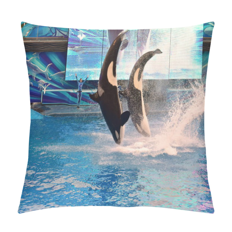 Personality  Orlando, Florida. September 09, 2018 Two Whales Jumping In One Ocean SeaWorld's Signature Killer Whale Pillow Covers