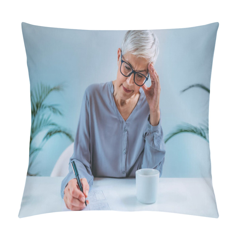 Personality  Cognitive Training. Senior Woman Solving Sudoku Puzzles. Pillow Covers