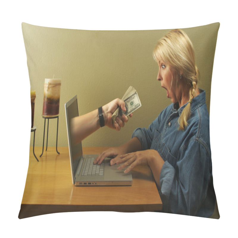 Personality  Money Through Laptop Screen And Woman Pillow Covers