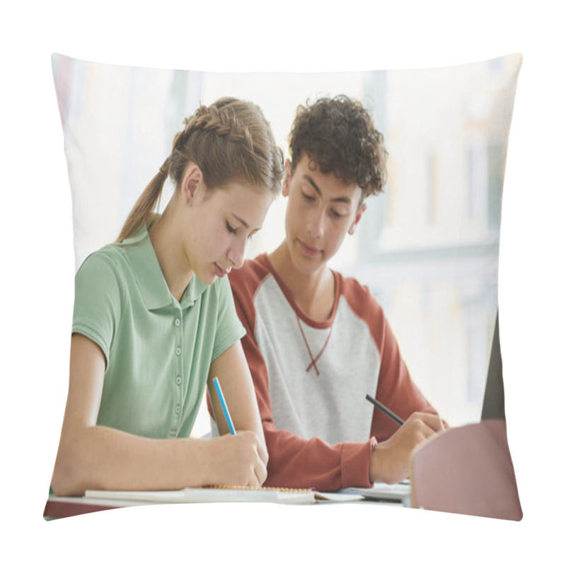 Personality  Teen Schoolboy Writing And Looking At Notebook Near Classmate During Lesson In Classroom In School Pillow Covers