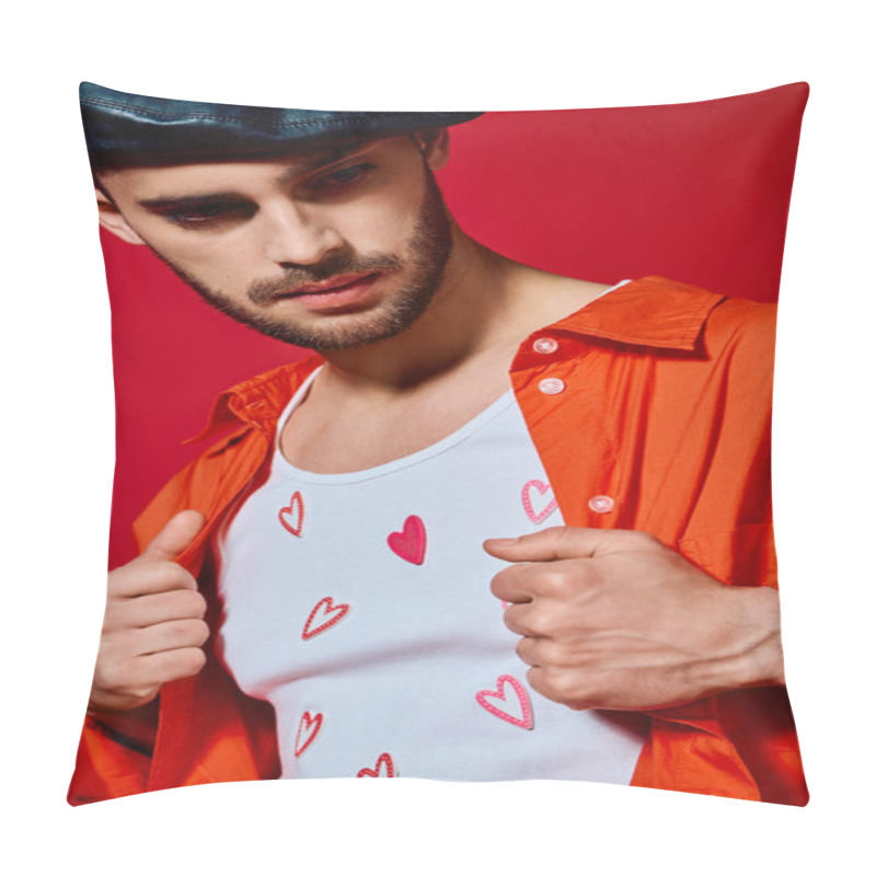 Personality  A Romantic Man Shows Off His Style In A Heart-patterned T-shirt On A Red Backdrop. Pillow Covers