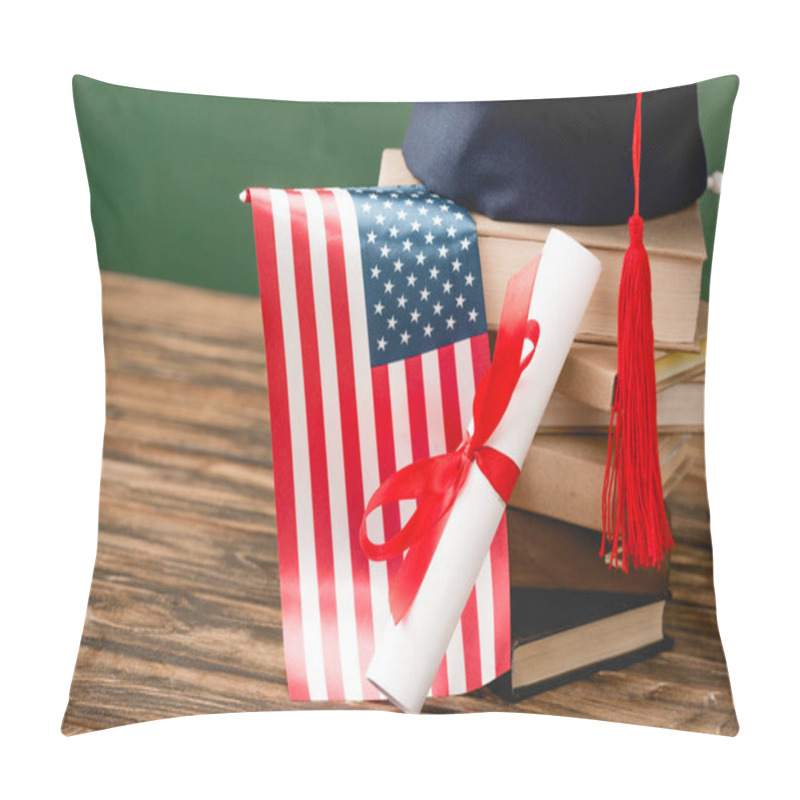 Personality  Books, Academic Cap, Diploma And American Flag On Wooden Surface Isolated On Green Pillow Covers