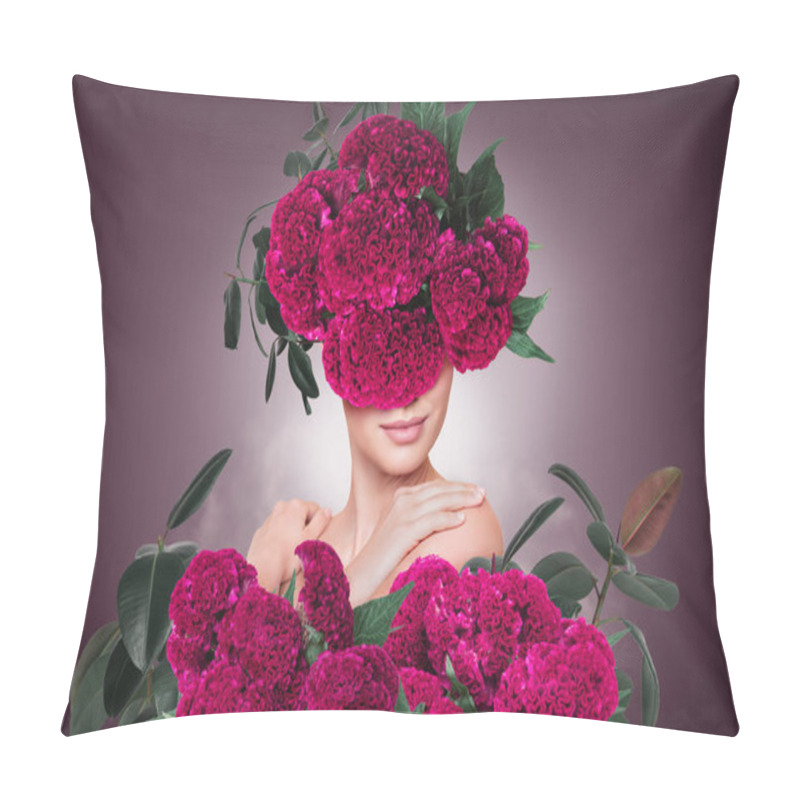 Personality  Poster Creative Collage Of Weird Lady With Pink Flowers Beauty Cosmetics Product Concept. Pillow Covers