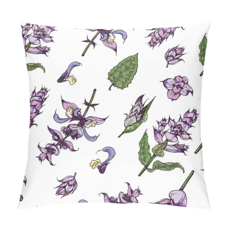 Personality  Seamless Pattern With Clary Sage Twigs With Leaves And Flowers . Detailed Hand-drawn Sketches, Vector Botanical Illustration. Pillow Covers