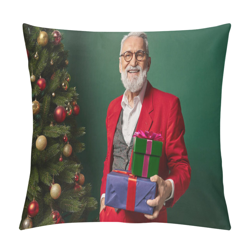 Personality  Cheerful Stylish Man Dressed As Santa With Glasses Holding Presents Next To Fir Tree, Winter Concept Pillow Covers