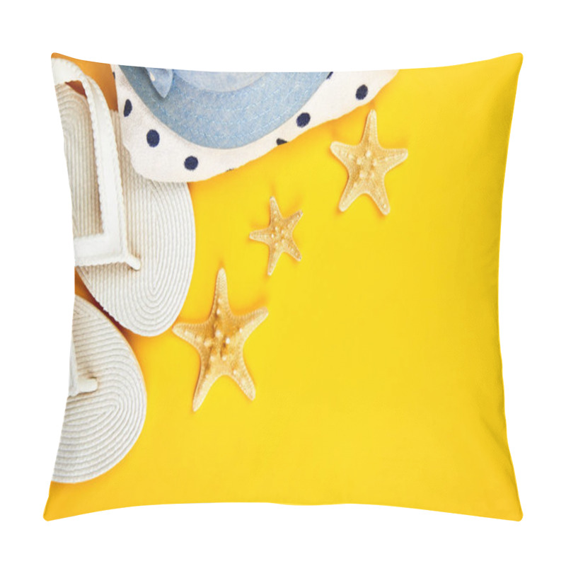 Personality  Colorful Summer Female Fashion Outfit. Sunhat, White Flip Flops, Polka Dot Towel, And Starfish On Yellow Background. Beach, Vacation, Travel Concept, Minimalism. Flat Lay, Top View. Copy Space Pillow Covers