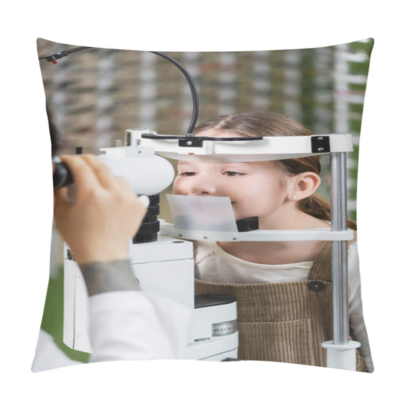 Personality  Blurred Optometrist Testing Vision Of Girl On Autorefractor In Optics Salon Pillow Covers