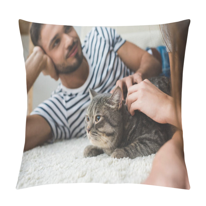 Personality  Young Couple Petting Cat While Lying On Floor At Home Pillow Covers