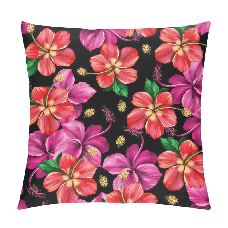 Personality  Floral Digital Pattern With Hibiscus On Black Background. Seamless Summer Tropical Fabric Design. Hand Drawn Illustration Pillow Covers