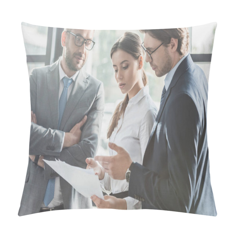 Personality  Successful Young Business People Discussing Documents Together At Office Pillow Covers