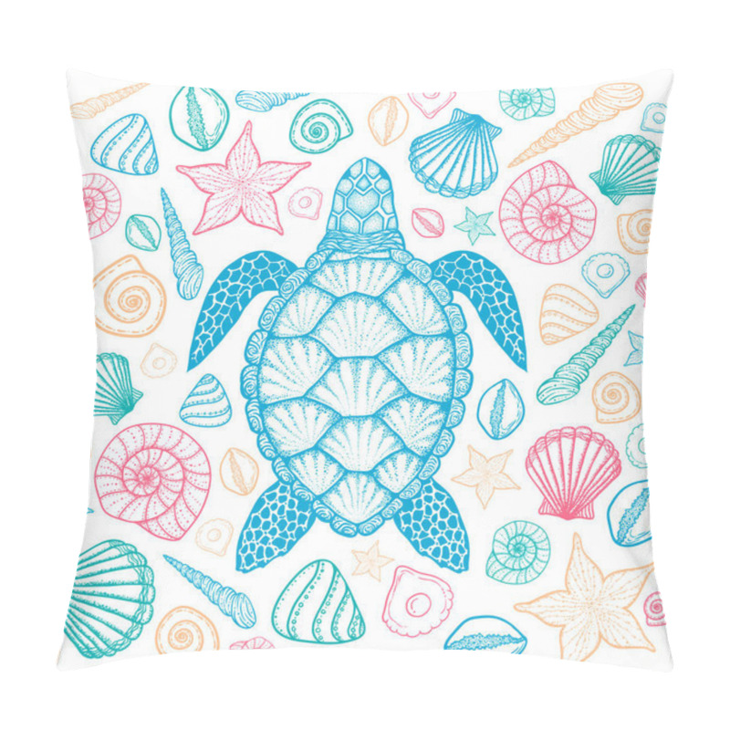 Personality  Sea Turtle And Shells In Line Art Style. Hand Drawn Vector Illustration Pillow Covers