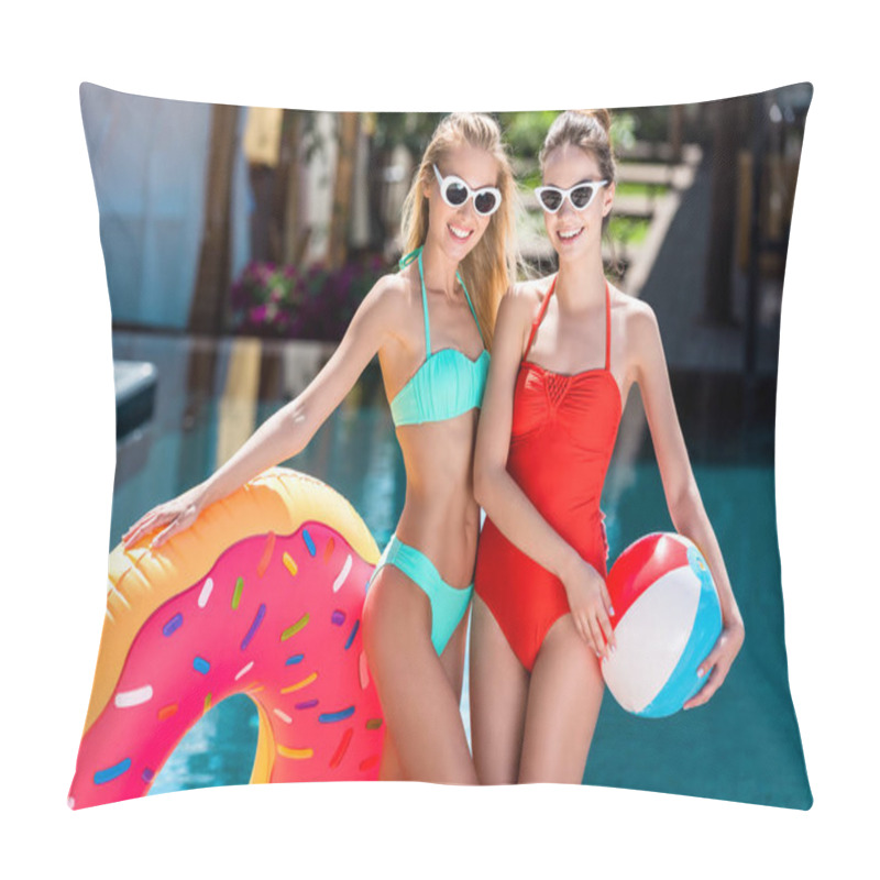 Personality  Happy Young Women With Inflatable Ring In Shape Of Donut And Beach Ball Standing At Poolside Pillow Covers