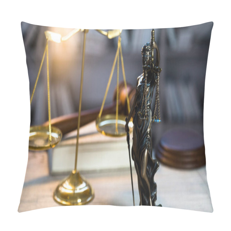 Personality  Statue Of Blind Goddess Themis On Blurred Background Pillow Covers