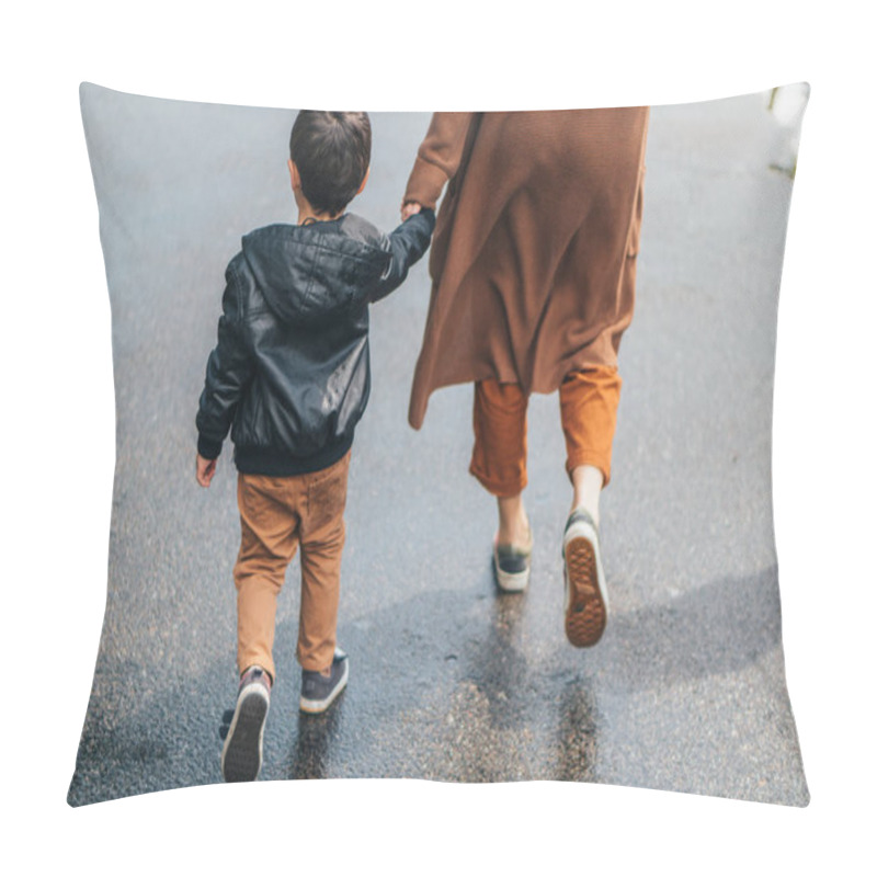 Personality  Cropped View Of Woman Holding Hands And Walking With Son Pillow Covers