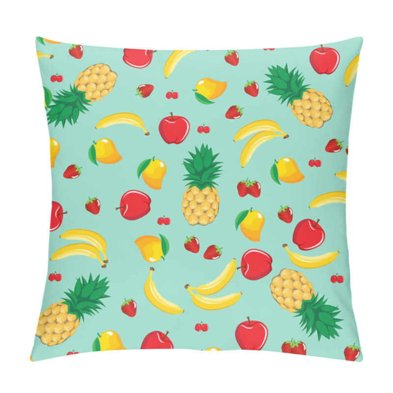 Personality  Mango Pineapple Apple Strawberry Banana Cherry Mix Fruits Seamless Pattern On Green Background. Available In High-resolution Jpeg In Several Sizes & Editable Eps File, Can Be Used For Wallpaper, Pattern, Web, Surface, Textures, Graphic & Printing Pillow Covers