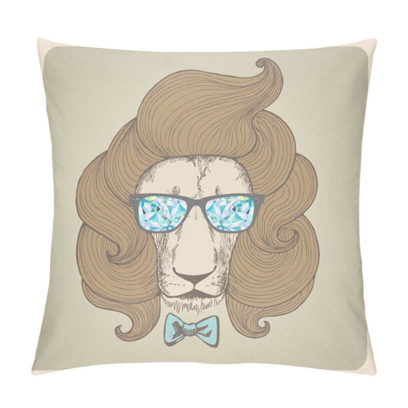 Personality  Portrait Of A Lion With A Chic Haircut With Glasses. Pillow Covers