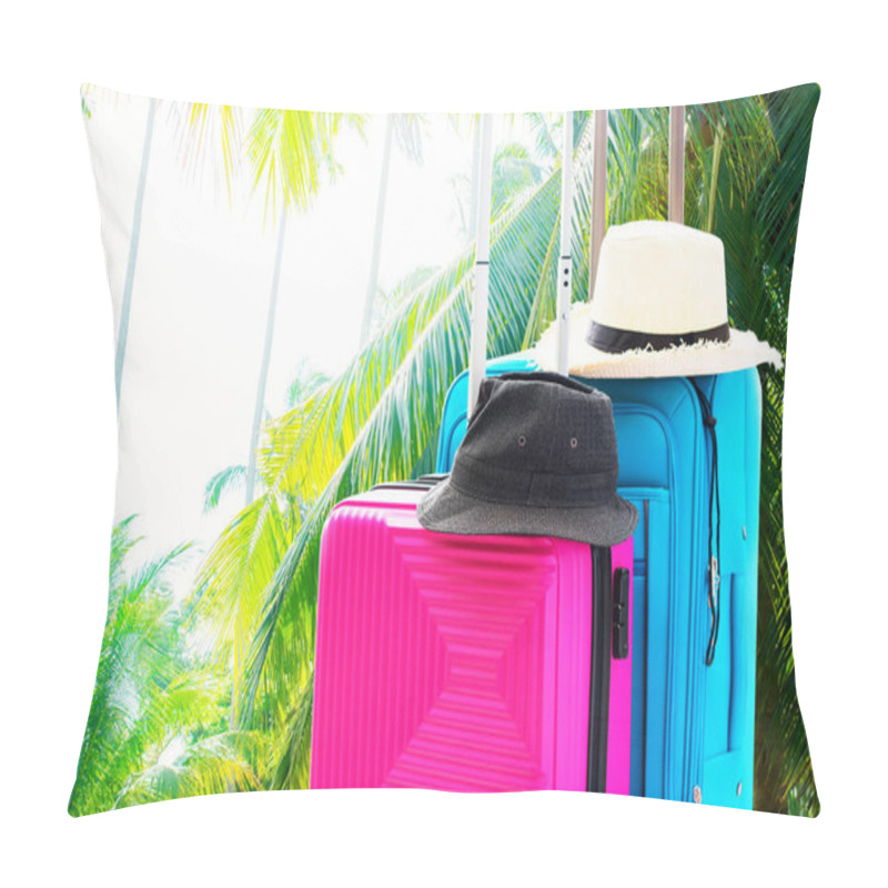 Personality  Blue And Pink Trunks Two Suitcases Luggage Travel Things Accessories Clothes Summer Caps Concept Summer Holiday Adventure Preparation Trip Isolated On Palm Tropical Background Pillow Covers