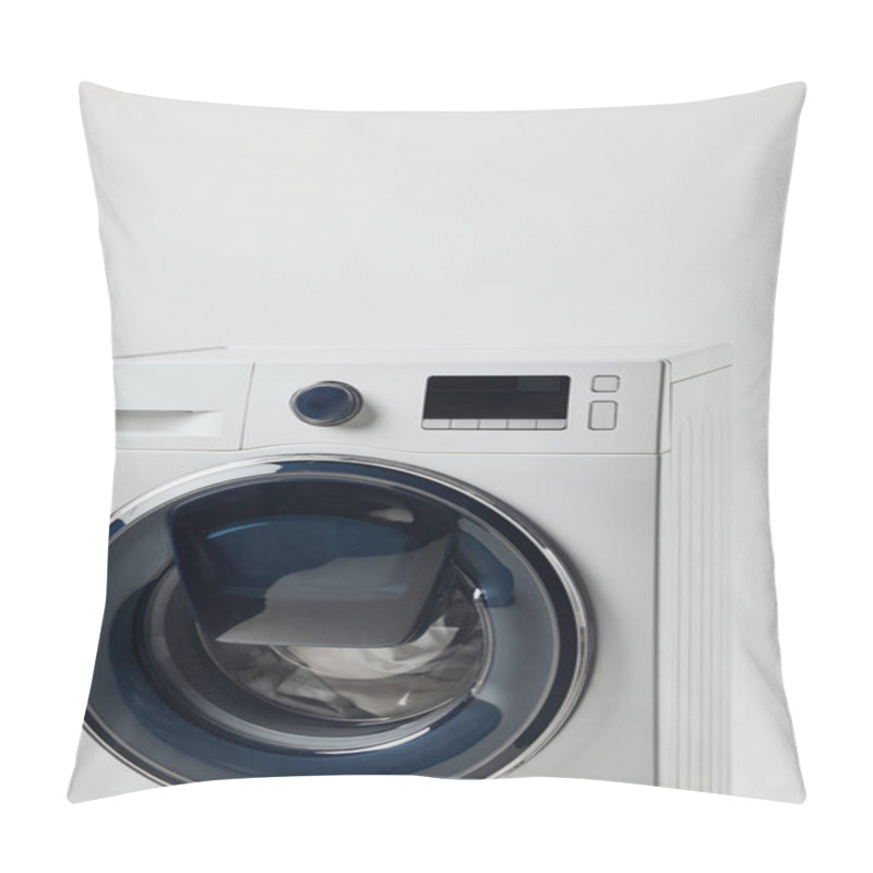 Personality  Modern Washing Machine With Black Display Isolated On Grey Pillow Covers