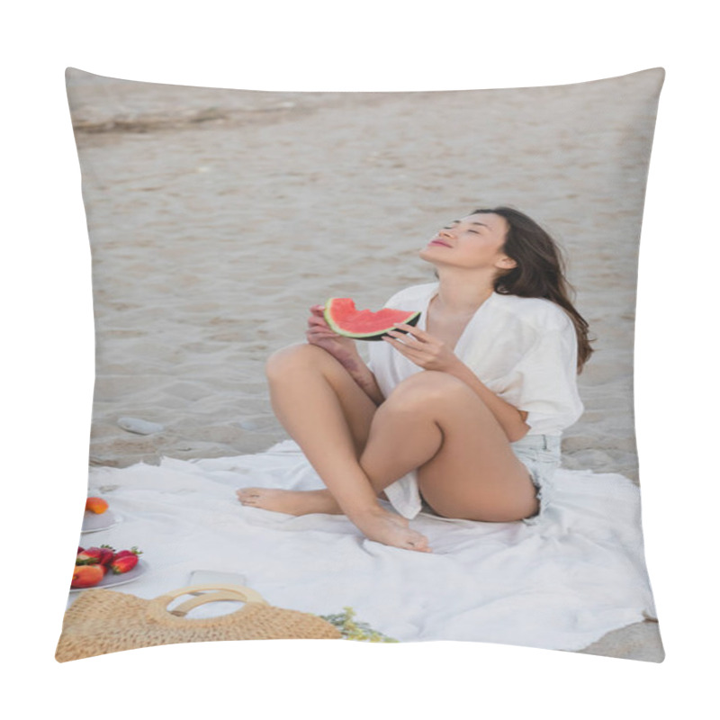 Personality  Brunette Woman Holding Watermelon Near Smartphone And Handbag On Blanket On Beach  Pillow Covers