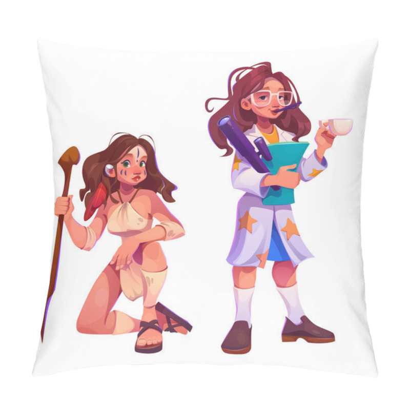 Personality  Young Cartoon Woman In Two Characters - Indigenous Prehistoric Person With Feather In Hear And Spear Stick In Hands, Scientist Astronomer Holding Documents And Telescope, Cup Of Coffee In Her Hand. Pillow Covers