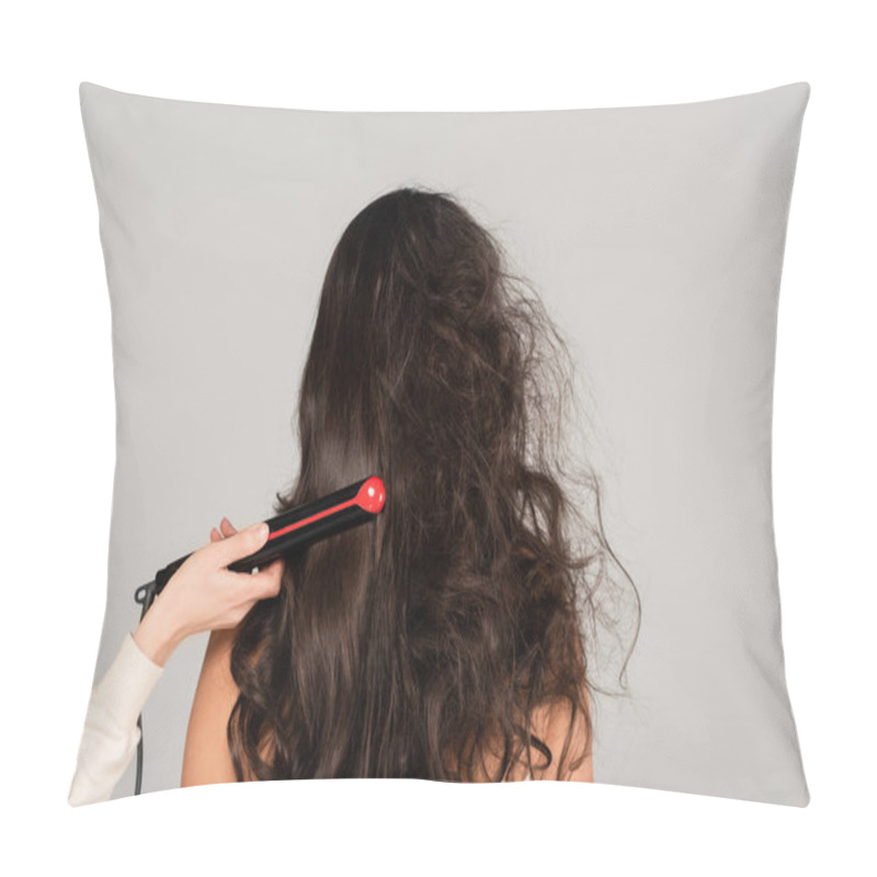 Personality  Hairdresser Straightening Hair Of Curly Brunette Woman With Hair Iron Isolated On Grey Pillow Covers