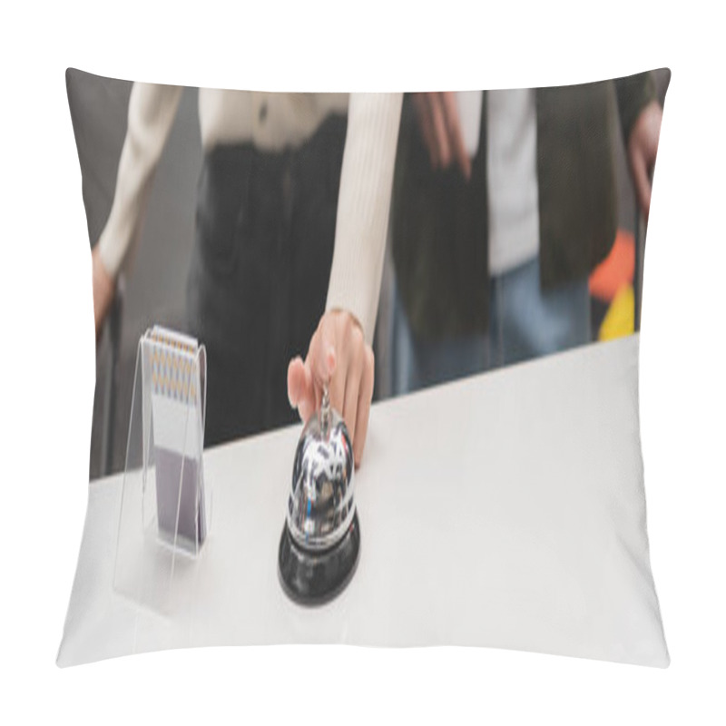 Personality  Cropped View Of Woman Ringing Service Bell Near Card Holder On Hotel Reception, Banner Pillow Covers